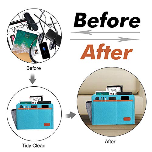 Bedside Caddy, Bed Storage Organizer for Remote Controller, Books, Magzine, Laptop Holder, 12.4'' x 8.6'' inch Bedside Hanging Felt Storage Bag for Dorm Bed with 5 Pockets, Celadon - color: Celadon
