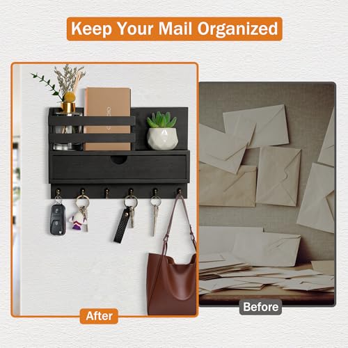 dreampossible Key and Mail Holder for Wall, Mail Organizer Wall Mount with 6 Hooks and Storage Drawer, Wooden Key Rack Hanger with Shelf for Entryway and Home Decor - color: Black, size: Standard(11.6''x7.9'')