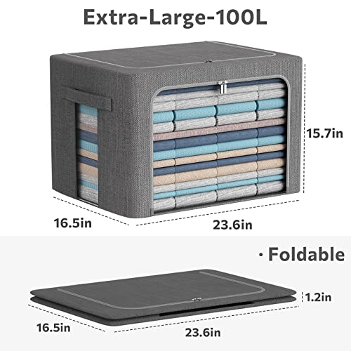 CYhom Extra Large Clothes Storage Bins - Linen Fabric Foldable Stackable Container Organizer Set with Clear Window & Carry Handles & Metal Frame (Dark Gray, Extra Large-100L) - color: Dark Gray, size: Extra Large-100L