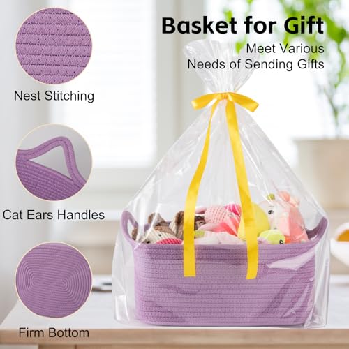 OIAHOMY Woven Basket, Gift Basket Empty with Gift Bags and Ribbons, Rope Baskets for Baby Showers, Storage Baskets with Handles for Nursery, Pet Toy Organizer - Lilac Purple - color: Lilac Purple, size: Medium: 13.5L*10W*6H