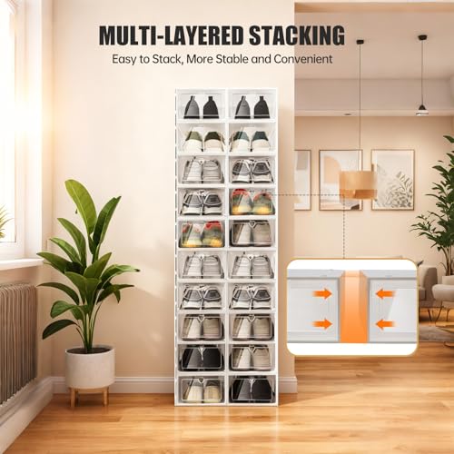 20-Pack Stackable Clear Shoe Storage Boxes, Foldable Shoe Organizer with Flip Doors & Heart Handles, Space-Saving Shoe Box Storage for Closet, Easy Access, Fits Up to US Size 10/9