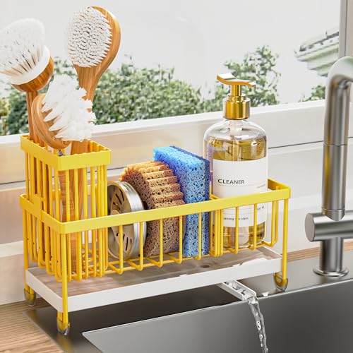 Cisily Sponge Holder for Kitchen Sink, Sink Caddy Organizer with High Brush Holder, Kitchen Countertop Organizers, 304 Stainless Steel, Lemon Yellow Kitchen Decor and Accessories - color: Yellow