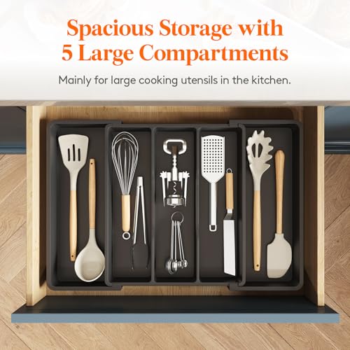 Lifewit Utensil Organizer for Kitchen Drawers, Expandable Cooking Utensil Tray, Adjustable Cutlery Silverware Flatware Holder, Plastic Spatula Tools Storage Divider, 13-22 x 15", Black - color: Black, size: Large(13-22''W x 15"D)