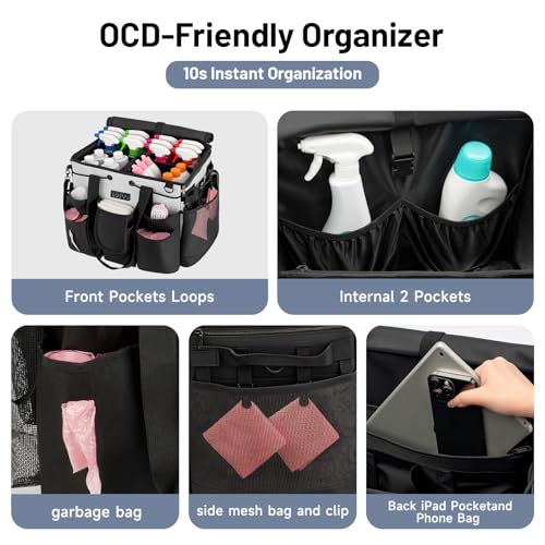 LOEUO Large Cleaning Caddy for Cleaning Supplies Organizer, Rolling Cleaning Caddy Bags with Wheels for Housekeepers, Cleaning Carts on Wheels for Home Car Office Picnic - color: Black-grey