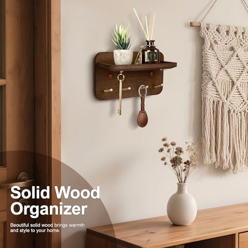 Key Holder Wall Mount, Solid Wood Key Holder for Wall with 4 Brass Hooks & Hidden Magnets, 15° Incline Hooks & Grooved Design to Prevent Slipping, Vintage Brown Key Hanger