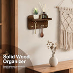 Key Holder Wall Mount, Solid Wood Key Holder for Wall with 4 Brass Hooks & Hidden Magnets, 15° Incline Hooks & Grooved Design to Prevent Slipping, Vintage Brown Key Hanger
