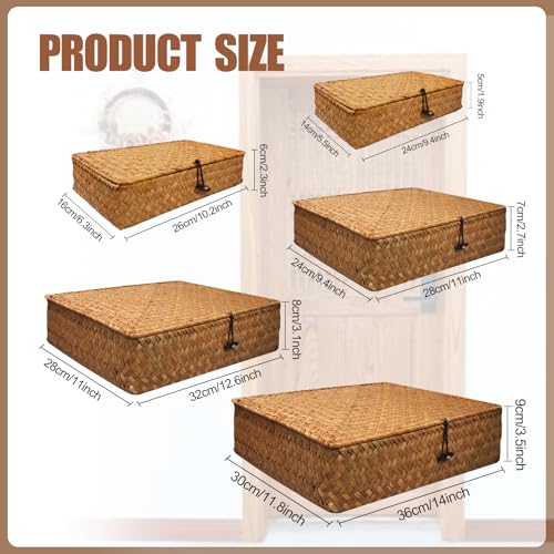 5 Pcs Seagrass Basket with Lid 5 Sizes Decorative Storage Boxes Rattan Wicker Storage Basket with Lids Woven Organizer Baskets Multipurpose Flat Storage Bins for Shelf Closet Bedroom (Brown) - color: Brown