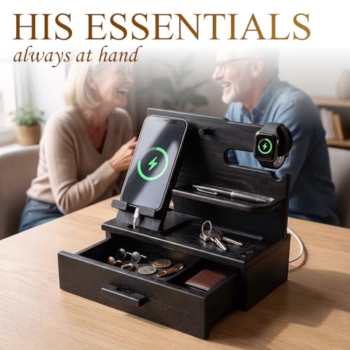 TESLYAR Wood Phone Docking Station with Drawer - Nightstand Organizer - Desk Organizer for Husband - Birthday Gifts for Men, Dad, Anniversary Idea, Key Holder Stand Watch & Accessories (Granite Black) - color: Granite Black
