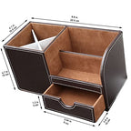 KINGFOM Desk Organizer Office Supplies Caddy Pu Leather Multi-function Storage Box Pen/Pencil,Cell phone, Business Name Cards Remote Control Holder with Small Drawer Brown - color: Brown