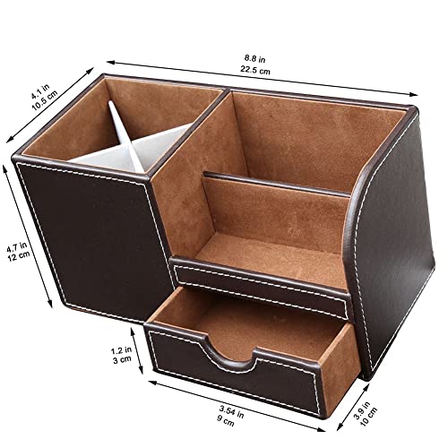 KINGFOM Desk Organizer Office Supplies Caddy Pu Leather Multi-function Storage Box Pen/Pencil,Cell phone, Business Name Cards Remote Control Holder with Small Drawer Brown - color: Brown