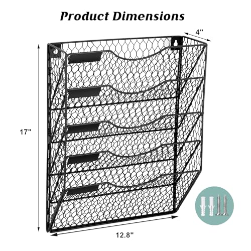 EASEPRES Mail Organizer Wall Mount, 5 Tier Metal Chicken Wire Hanging File Holder Office Storage and Organization - color: Black, size: 5 Tier