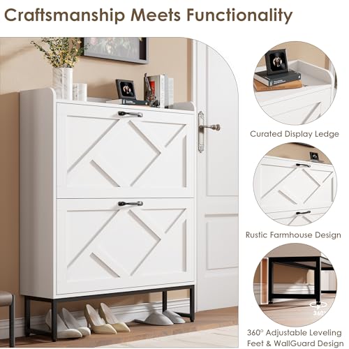 Nicetree Shoe Storage Cabinet with 2 Flip Drawers, Freestanding Shoe Organizer, Shoe Cabinet with Metal Legs, Narrow Shoe Rack Cabinet, Farmhouse Slim Shoe Cabinet for Entryway, Foyer, Hallway, White - color: White, style: 2-Drawers