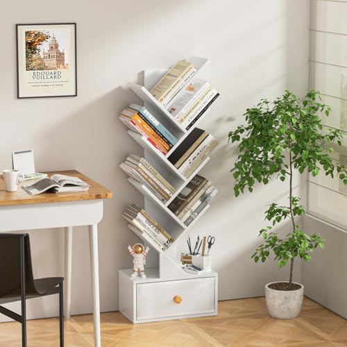 SHEEPAM 8 Tier Tree Bookshelf with Drawer, Free Standing Wood Bookcase for Living Room, Bedroom, Home Office, Space Saving Storage Organizer Bookshelves for Books, CDs, Vinyl Records- White - color: Elegant White, size: 8 Tier