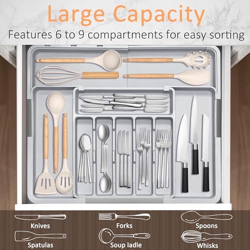 Silverware Organizer Expandable Kitchen Drawer Organizer Adjustable 22"x 19" Utensil Organizer with Rubber Feets Cutlery Drawer Organizer for Spoons Forks Knives Kitchen Organizers and Storage Grey - color: Grey