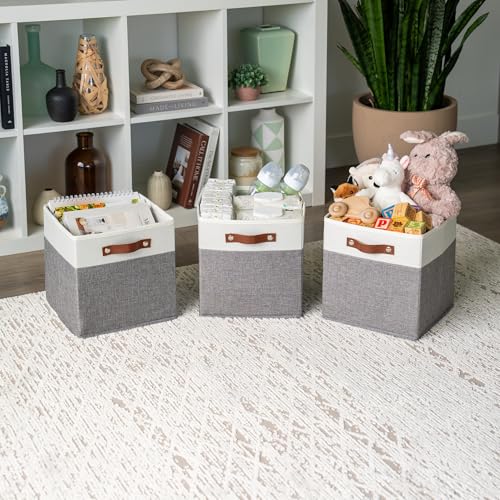 OrganiHaus 11" x 11" x 11" Fabric Cube Storage Bins Set of 4, Foldable Collapsible Canvas Storage Bins for Organizer, 11 inch Cubbies Organizer for Kallax, Linen Cube Shelf Baskets - Grey/White - color: Gray Base / Off-White, size: (11x11) Leather Handles