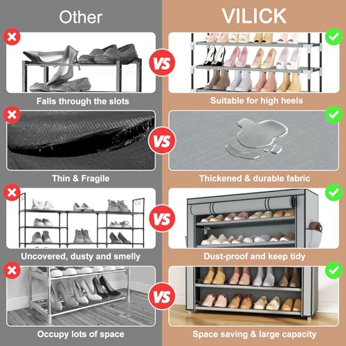 VILICK Shoe Rack with Cover Narrow Shoe Organizer with Pockets 10 Tier Tall Shoe Storage Holds 36-41 Pairs Shoes and Boots Shoe Rack for Closet Entryway Garage, Grey - color: Grey, size: 10 Tiers-34.6" Wide