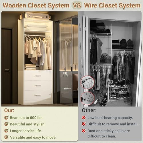 Besiost Closet System Set of 4, 8FT Closet Systems with 12 Wood Drawers, 96" Closet Organizer System with 4 Hanging Rods & 4 Shelves, Heavy Duty 96 Inch Walk-in Closet, White (96"L x 15" W x 80" H) - color: White, size: 8FT