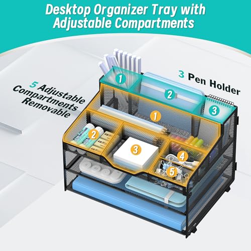 3 Tier Mesh Desk Organizer,Multi Functional Letter Paper Tray with 3 Pen Holders and 5 Adjustable Storage Compartments for Office Supplies Files and Mail Space Saving Desktop Organizer-Black - color: 3 Tier-black