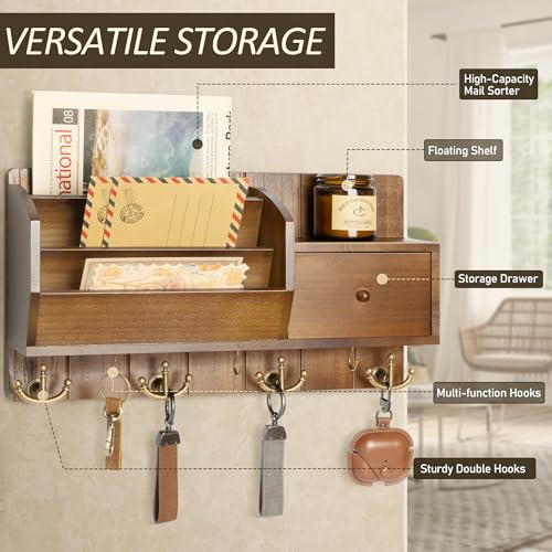 Key Holder Wall Mount with Mail Sorter - Modern Farmhouse Key and Mail Organizer with Hooks and Mini Drawer for Home Decor - Rustic Apartment Essentials for Home Improvement (Brown & Golden Hooks) - color: Brown&Golden Hooks