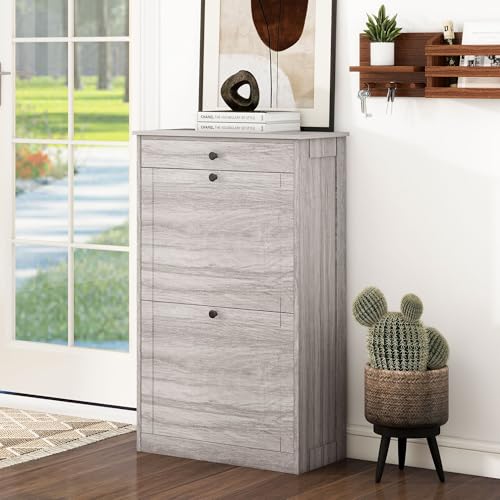 FTZxHKLX Shoe Storage Cabinet with 2 Flip Drawers, Narrow Freestanding Hidden Shoe Rack Cabinet, Pet-Proof Shoe Organizer for Closet, Entryway, Hallway, Wash Grey - color: Wash Grey, size: 1pcs