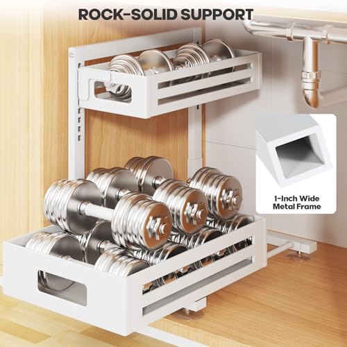 1 Pack Under Sink Organizer,Pull Out Cabinet Organizer with Smooth Cylindrical Rail,Metal Slide Out Drawer for Kitchen Bathroom Laundry Cabinet,8-Level Tool Free Height Adjustable-White - color: White, size: 1 Pack-15"Dx9.5"-16.7"H