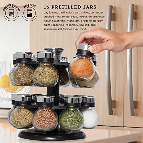 Kamenstein Ellington 16 Jar Revolving Spice Rack with Prefilled Spices - Rotating Chrome and Plastic Countertop Organizer with Sifter Caps and Labeled Lids - size: 16-Jar, style: 16-Jar Ellington