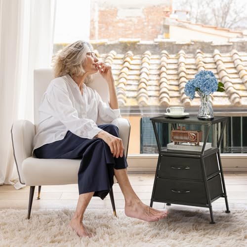 Side Tables for Bedroom Nightstand with 2 Cloth Drawer Bedside Table with Storage End Tables Living Room Sofa Couch - color: Black