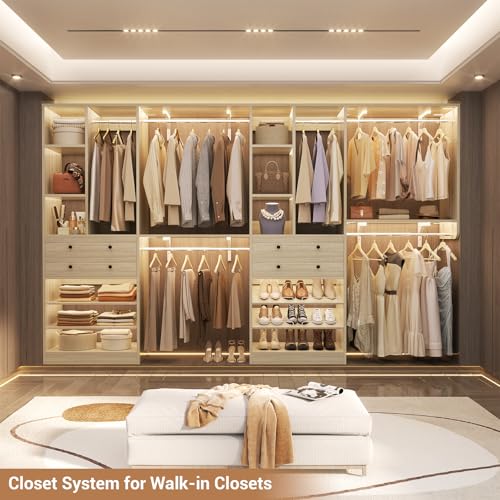 Besiost Closet System - 60"/92" Closet System with Drawers, 5FT/7.67FT Closet Organizer System with Reversible Hanging Shelving and Hanging Rods, for Small/Walk-in Closets, Greige Oak - color: Greige Oak, size: 5FT