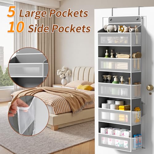 Over The Door Organizer, Over the Door Storage with 5 Large 10 Side Pockets, Hanging Door Organizer 44 lb Load Behind Door Storage, Hanging Shelf for Closet Wall Bedroom Bathroom Nursery, 5-Tier Grey