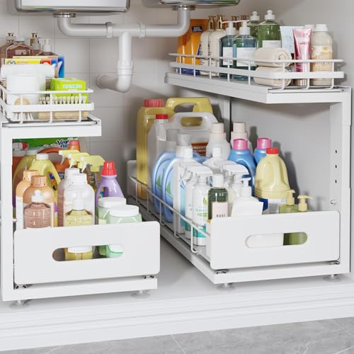 Under Sink Organizer Upgrade To Professional Rails,2-Tier Dual Pull Out Cabinet Storage,Height Adjustable Slide Out Drawers For Bathroom Kitchen,2 Pack-21"Dx12.8"-16.9"H,White - color: White, size: 2 Pack-21"Dx12.8"-16.9"H