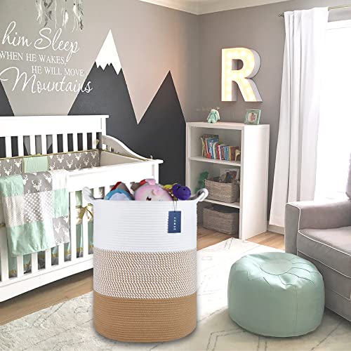 COMSE Extra Large Blanket Basket, Tall Woven Storage Basket, Nursery Hamper, 15.7”x 21.7”, Cotton Rope Laundry Hamper for Toys Clothes Towels, White/Camel - color: White & Camel Mix