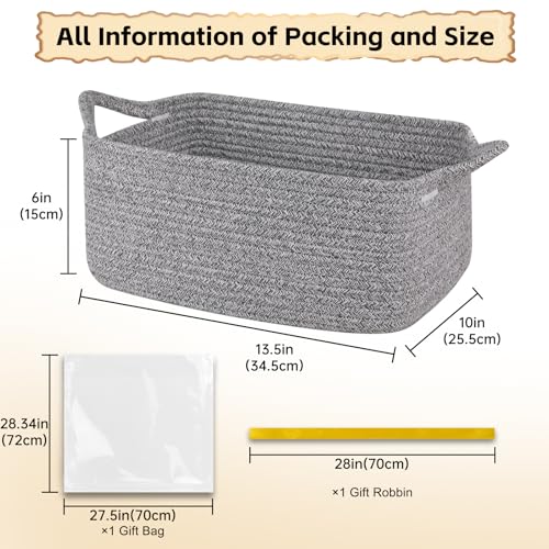 OIAHOMY Woven Basket, Gift Basket Empty with Gift Bags and Ribbons, Rope Baskets for Baby Showers, Storage Baskets with Handles for Nursery, Pet Toy Organizer - Grey - color: Grey, size: Medium: 13.5L*10W*6H