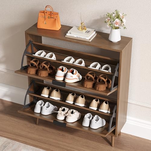 BORNOON Shoe Cabinet for Entryway with 2 Flip Drawers, Slim Wooden Shoe Storage Organizer with Modern Fluted Pannel，Freestanding Narrow Hidden Shoe Rack for Hallway, Foyer, Living Room - color: Walnut, size: 2 Flip Drawers