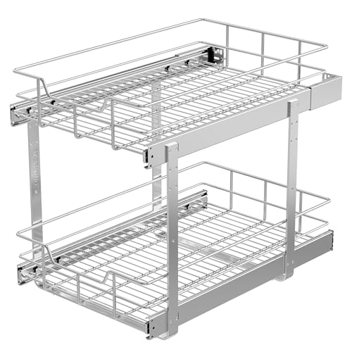 2 Tier Pull Out Cabinet Organizer 14" W X 22" D, Slide Out Drawers For Kitchen Cabinets, Pull Out Drawers For Cabinets Capacity Heavy Duty Caddy, Cabinet Pullout Shelves Chrome-Plated,Bathroom Pantry - color: 2 Tier - Chrome-Plated, size: 14" W X 22" D