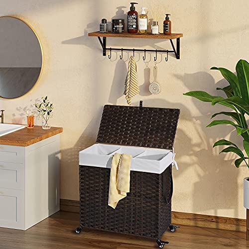 GREENSTELL Laundry Hamper with Wheels&Lid, 130L Large 3 Sections Clothes Hamper with 2 Types Removable Liner Bags, 5 Mesh Laundry Bags, Handwoven Divided Laundry Basket Brown - color: Brown, size: 130L: 25.6x13.0x25.7 Inches