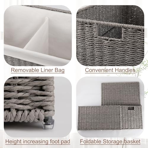 OIAHOMY Storage Basket with Lid, 27.7 Gallon (105L) Blanket Basket with Removable Separated Liner Bag, Paper Rope Hamper with Handle, Foldable, Shelf Basket for Living Room, Grey - color: Grey