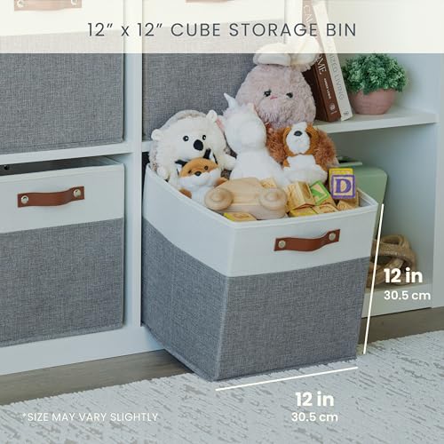 OrganiHaus 12" x 12" x 12" Fabric Cube Storage Bins - Set of 4, Cube Fabric Organizer Bins with Vegan Handles, Kallax Storage Cubes, 12Inch Cubic Baskets for Shelves - Grey / White - color: Gray Base / Off-White, size: (12x12) Leather Handles