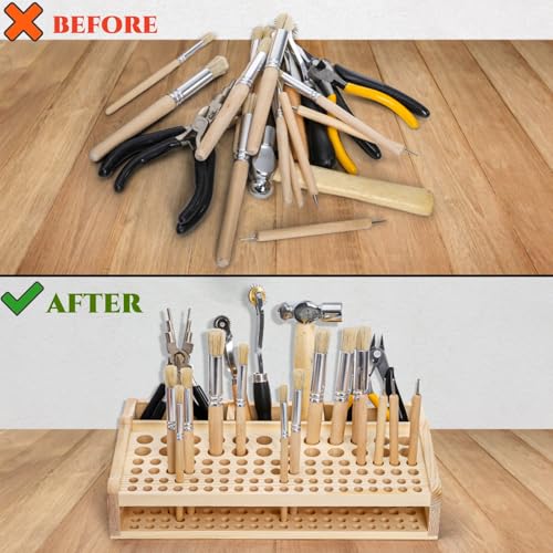 Acshio Leather Craft Tool Holder, 98 Holes Wooden Desktop Leather Working Tools Organizer with 3 Slots, Professional Large Making Punch Tools Rack Stand Storage Box for Brushes, Craft Tools