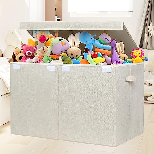 popoly 122L Large Toy Box Chest with Lid, Foldable Toy Storage Organizer Bin Boxes with Removable Divider for Kids, Boys, Girls, Nursery, Playroom, 26"x17" x17" (Linen Beige) - color: Extra Large Beige