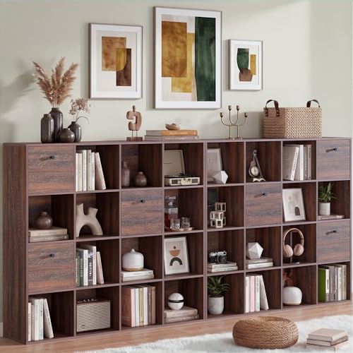Walnut 16 Cube Storage Organizer, Wooden Bookcase with 3 Drawers, Freestanding Shelf Unit Set for Home Office Library, 4-Tier Book Shelf Bundle, Square Storage Display for Books Toys, 47” Wide 2PCS - color: Walnut, size: 16 Cube (2PC)