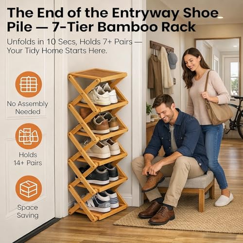 Foldable Shoe Rack, Bamboo Vertical Shoe Organizer Tall for Small Spaces. Multifunctional Narrow Shoe Shelf for Entryway, Closet, Corner, Bedroom, Hallway, Wood Color 7 Layers - size: 7th floor