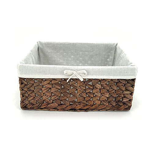 Water Hyacinth Storage Basket Small with Metal Frame & Removable Liner, 11.8”×7.9”×5.5” Rectangular Woven Organizer Bin for Bathroom Vanity, Desk, Nursery, Closet, Home Organization - size: Small