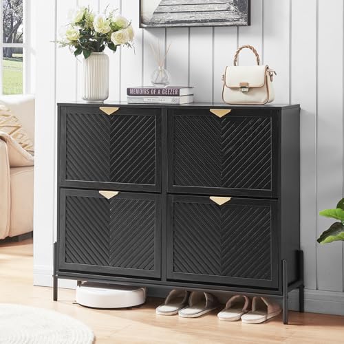 Shoe Cabinet Storage with 4 Flip Drawers, Narrow Hidden Shoes Organizer Cabinet for Entryway, Freestanding Slim Shoe Rack Front Door Entrance(Black) - color: Black, size: Large