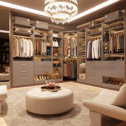 Besiost Corner Closet System with 12 Shelves, 39.2" Corner Closet Organizer System with 2 Hanging Rods, Versatile 6-Tier Walk-in Closets for Corner Space, Grey (39.2" L x 39.2" W x 80" H) - color: Grey, size: 39.2" - Without Lights