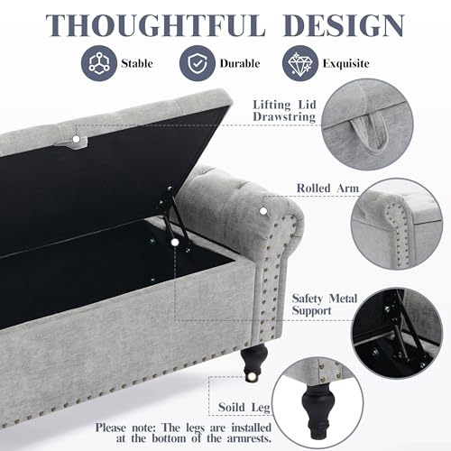 51" Storage Ottoman Bench, End of Bed Bench for Bedroom, Window Benches for Foot of Bed, Chenille Upholstered Benches, Storage Ottomans for Living Room, Entryway, Light Gray - color: Lightgray