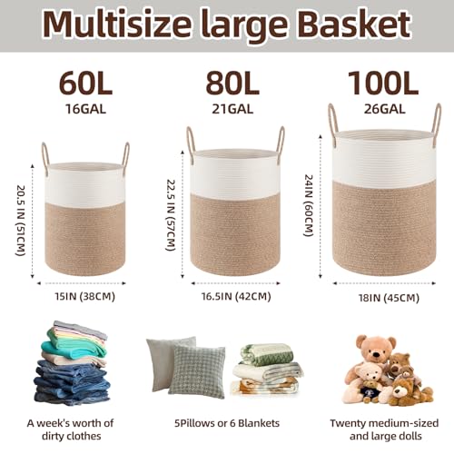 OIAHOMY Large Laundry Basket Hamper - 60L Cotton Rope Woven Basket for Blankets, Toys, Clothes - Tall Decorative Nursery Hamper with Long Handles, Grey/White - color: Grey/White, size: 60L