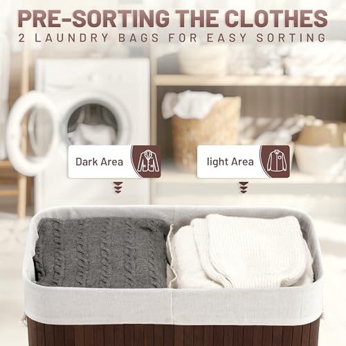 Aliphon 100L Laundry Hamper with lid, 2-Section Clothes Laundry Basket with Handles, Large Collapsible Bamboo Baskets for Bedroom, Bathroom, Dorm, Brown - color: Chestnut Brown, size: 100L