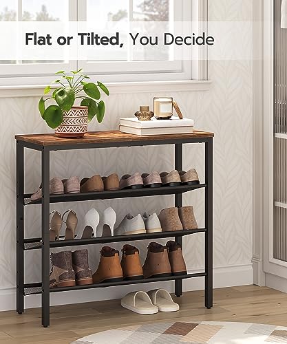 HOOBRO Shoe Rack for Entryway, 4-Tier Shoe Organizer with Adjustable Mesh Shelves, 12-16 Pairs of Shoes, Spacious Floor Mount, Metal, Industrial, Shoe Shelf for Closet, Rustic Brown BF42XJ01 - color: Rustic Brown + Black, size: 29.5"W x 11.8"D x 27.2"H