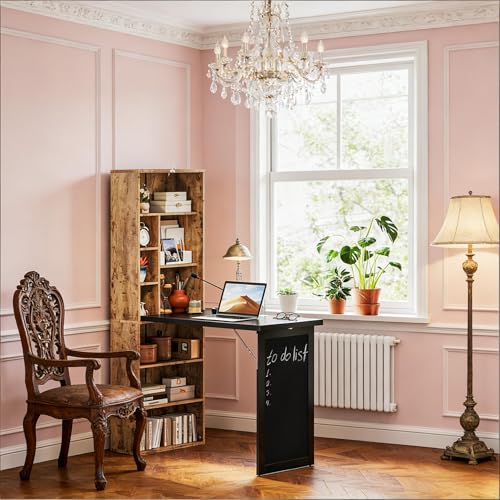 Folding Writing Desk with Storage Shelves, Fold Out Convertible Wall Mounted Table with Blackboard, Foldable Computer Murphy Desk for Small Spaces,Home Office (Natural) - color: Natural