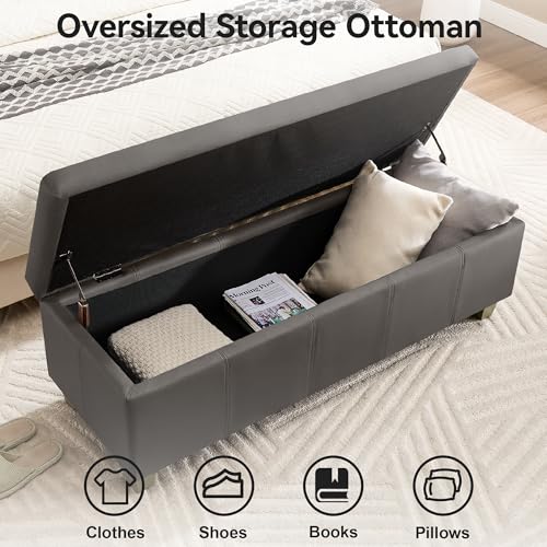WUTUTUEE 51" Faux Leather Storage Ottoman, Stitch Tufted Rectangle Upholstered End of Bed Storage Bench, Entryway Large Couch Ottoman with Wooden Legs,Dark Grey - color: Dark Grey, size: 51 Inch